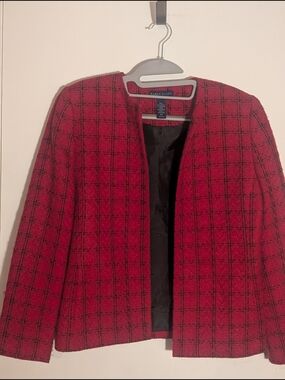 Karen Scott Red Plaid Collarless Tweed Petite Jacket